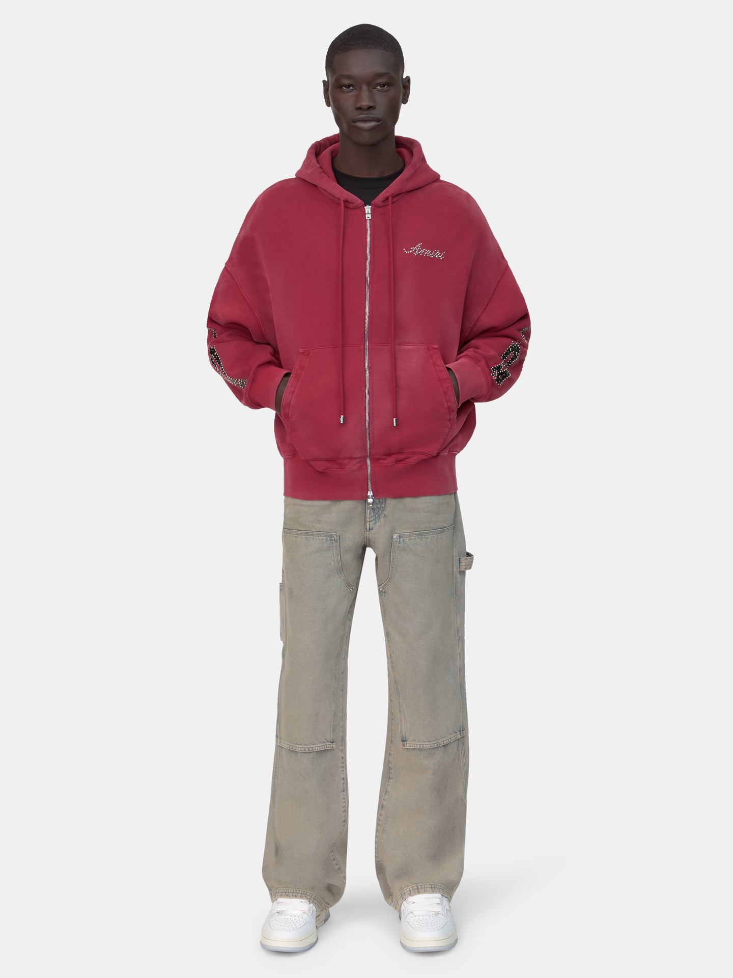 BONES STUDDED OVERSIZED ZIP HOODIE - Red Rose