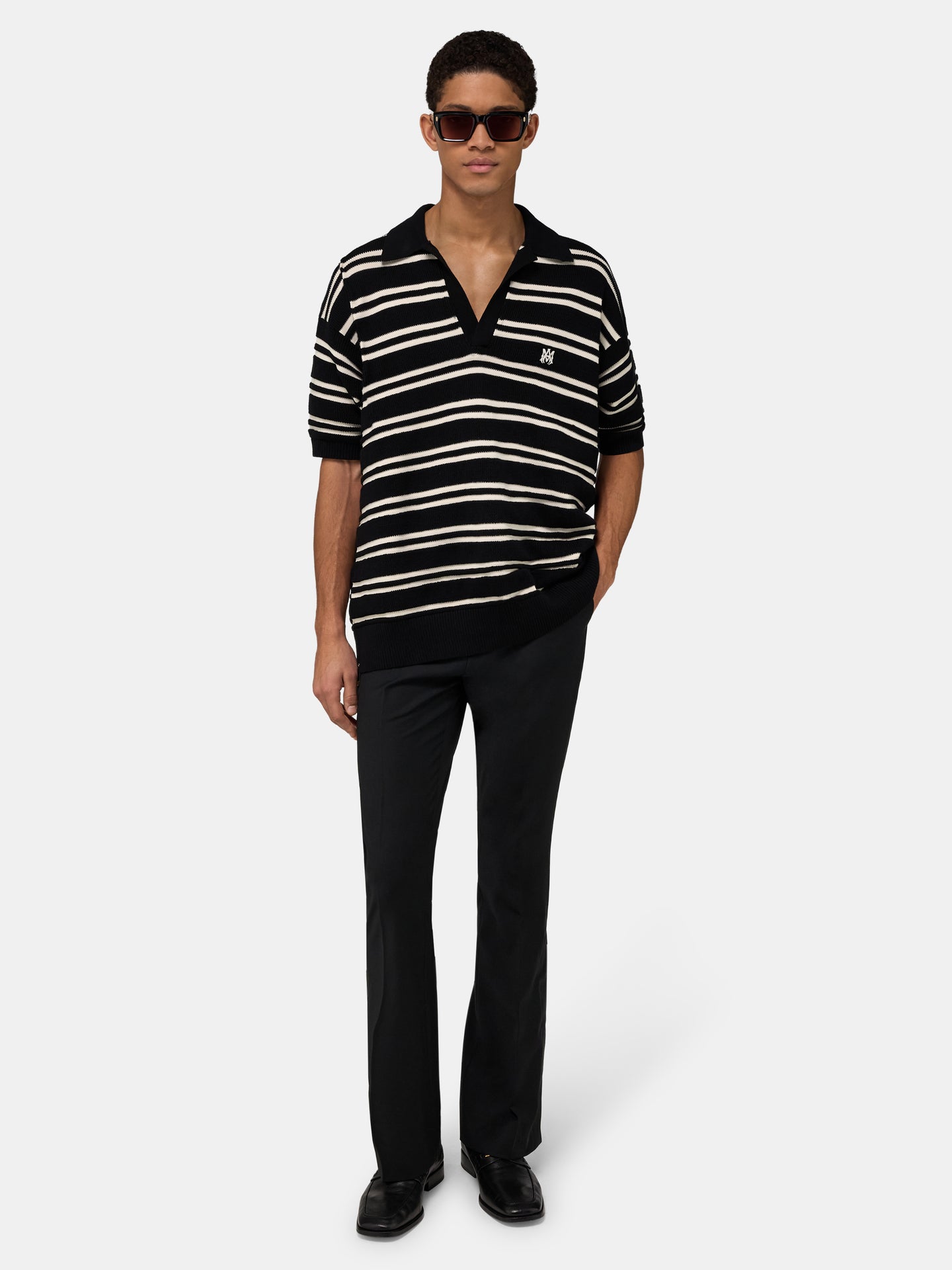 MA STRIPE KNIT SS POLO - Black